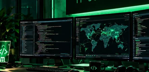 Arbeitsplatz mit mehreren Monitoren, auf denen Code und eine Netzwerkkarte zu sehen sind